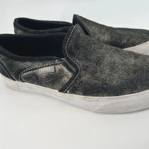 Vans Slip On Sneakers Black and Glitter Suede Womens Shoes Size 6 - Picture 2 of 8